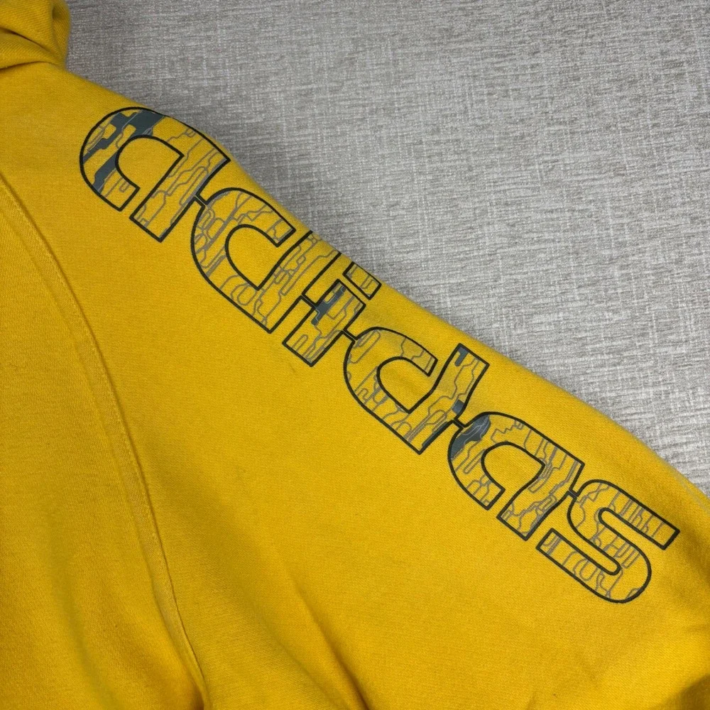 Vintage Adidas Yellow Pullover Hoodie Mens Medium 3 Stripe Hood Sleeve Graphic